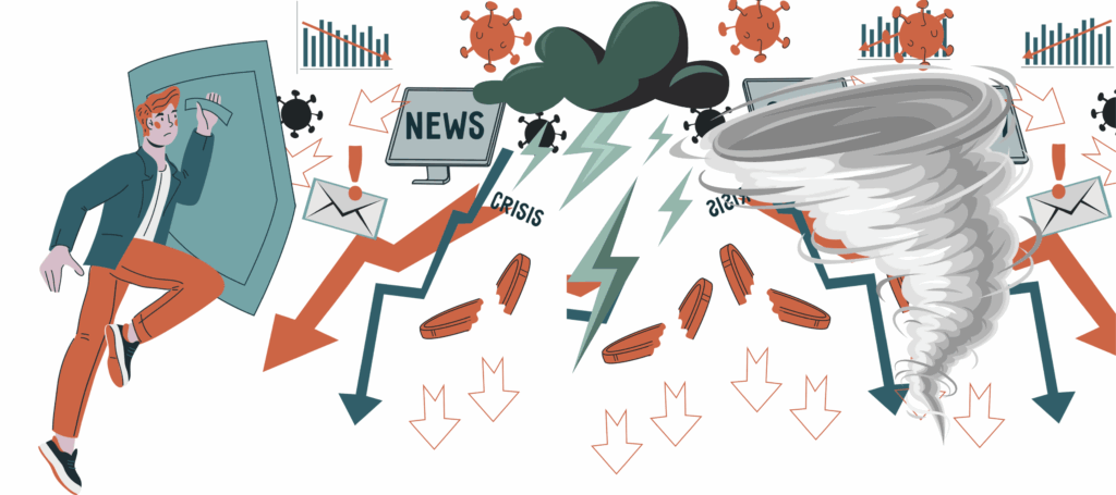 An illustration of a man holding a shield against disasters like storms, bad news, germs, and falling profits.