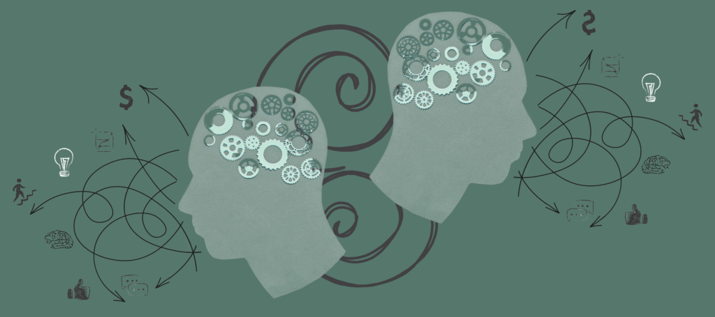Graphic of two heads in profile facing away from each other with gears turning in their minds. Other graphics like light bulbs, graphs, thought bubbles, etc. signify thinking about strategies to manage non-deductible ATO interest.