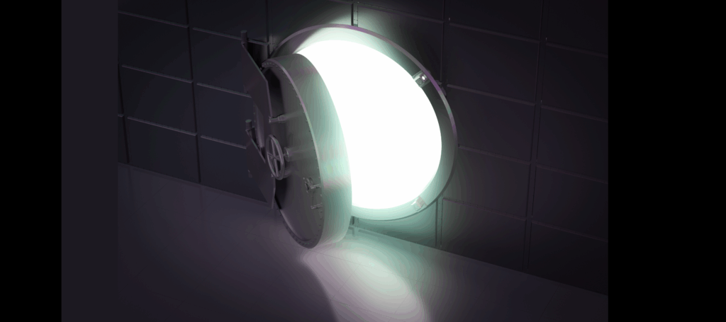 A dark room holds a sturdy vault. The round door of the vault stands open, revealing a bright light signifying access to superfunds.