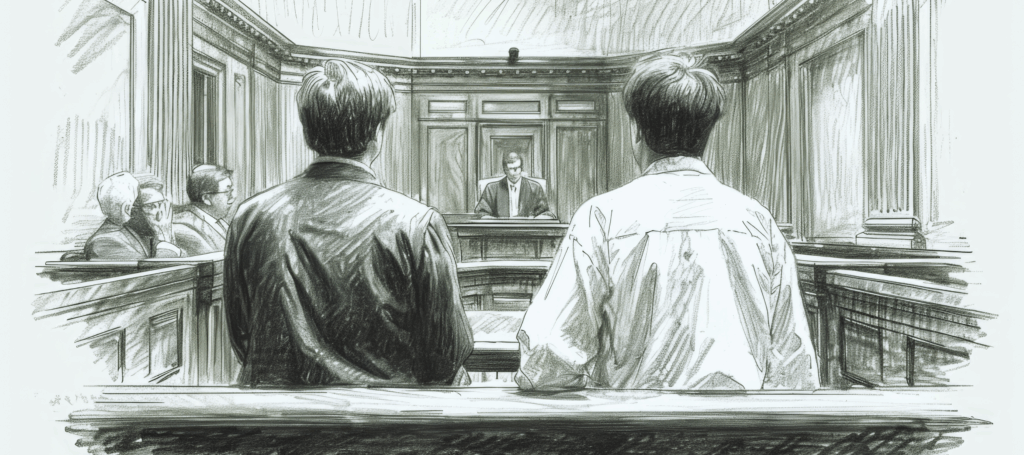 A sketch of a courtroom, where we see the backs of two individuals, one in a suit, the other in a collared shirt. There are two jurors visible to the side and the judge visible between them.