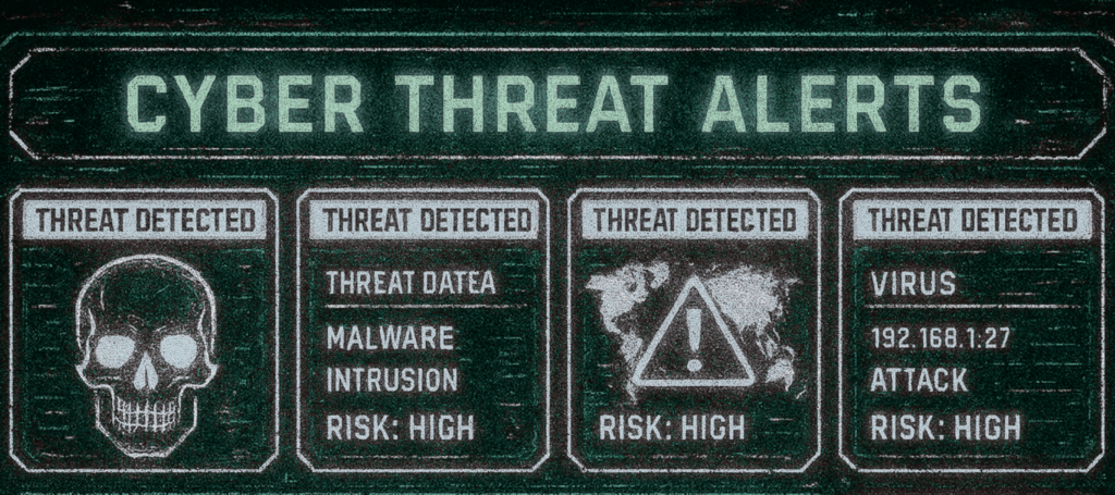 A cartoonish dashboard of cybersecurity threats shows that the danger is high.
