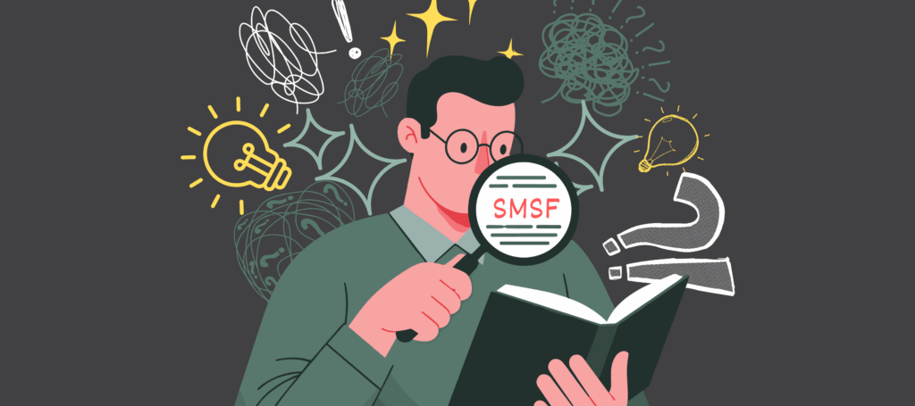 An illustrated man wearing glasses holds a magnifying glass up to a book, with the letters SMSF pictured. There are illustrations of light bulbs, question marks, exclamation points, starts, and confusion scribbles framing his head.